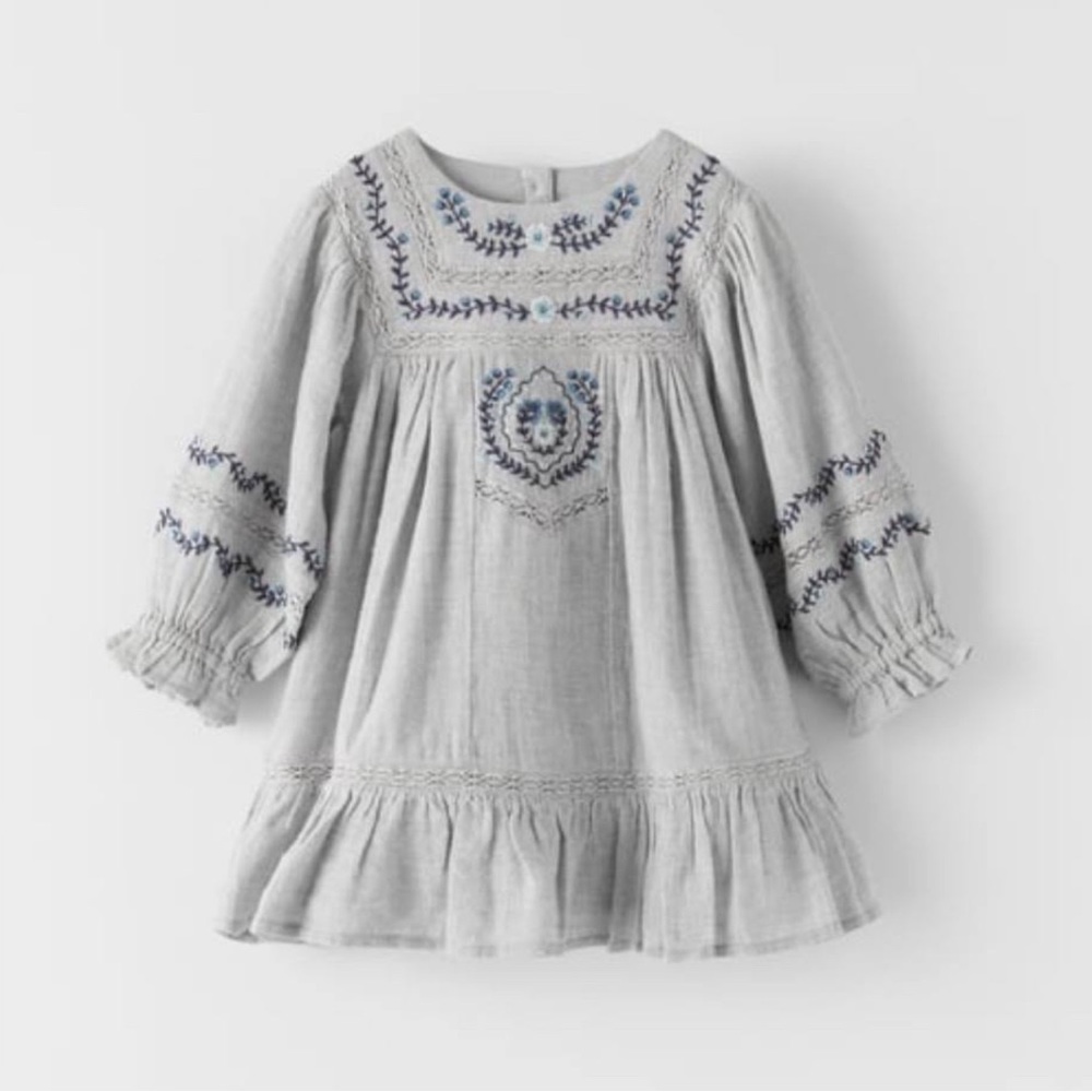 Zara Girls Embroidered Long Sleeve Dress 2-3years